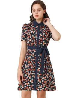 Allegra K Women's Short Sleeve Contrast Collar Belted Floral Shirt Dress -Allegra K GUEST c5ee434e 470b 49c1 b28c 589ff5b93fbe