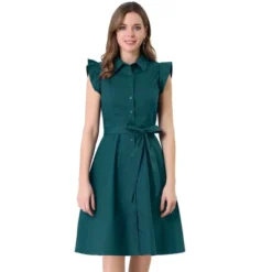 Allegra K Women's Cotton Shirtdress Work Office Ruffled Sleeveless Dress With Belt -Allegra K GUEST c647a305 64f3 42a6 b1f1 80694b5b2a7d