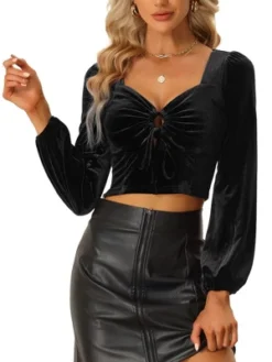 Allegra K O-Ring Cut Out Tops For Women's Sweetheart Neck Long Sleeve Crop Velvet Blouse Top -Allegra K GUEST c648664f 8516 4a23 8017 19f8cef07778