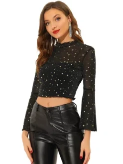 Allegra K Women's Mesh Crop Top Stars Pattern Glitter Sheer See Through Blouse -Allegra K GUEST c651ff9e 8962 4771 8f02 f48c1e02d6dd