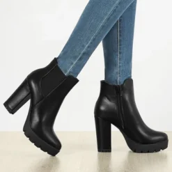 Allegra K Women's Round Toe Zipper Block Heel Platform Ankle Boots