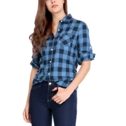 Allegra K Woman Roll Up Sleeves Buttoned Boyfriend Plaids Shirt -Allegra K GUEST c7223b3b dd4d 4123 8490 e9007c288ab3