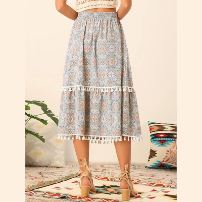 Allegra K Women's Vintage Printed Elastic Waist Tiered Tassel Fringe Midi Skirt 3 Allegra K Women's Vintage Printed Elastic Waist Tiered Tassel Fringe Midi Skirt - Image 3