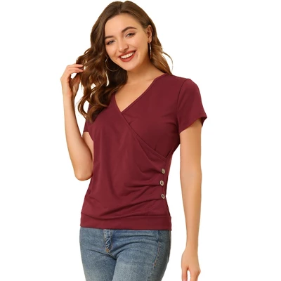 Allegra K Women's Wrap V Neck Short Sleeve Button Decor Ruched Blouses 6 Allegra K Women's Wrap V Neck Short Sleeve Button Decor Ruched Blouses - Image 6