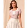 Allegra K Women's Retro Sweetheart Neck Bow Tie Contrast Trim Short Sleeve Blouse