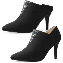 Allegra K Women's Pointy Toe Rhinestones Pull On Stiletto Heel Ankle Booties