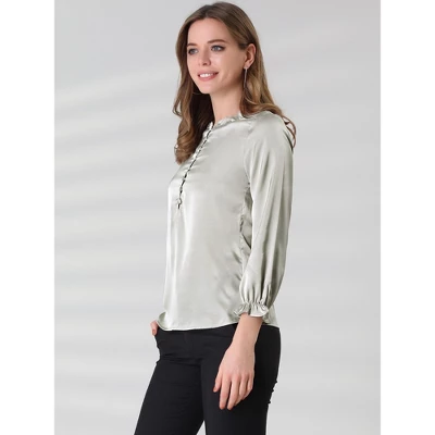 Allegra K Women's Ruffle Neck Long Sleeve Elastic Cuff Button Work Office Satin Shirt Blouse 1 Allegra K Women's Ruffle Neck Long Sleeve Elastic Cuff Button Work Office Satin Shirt Blouse