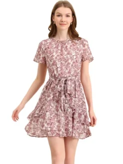Allegra K Women's Floral Asymmetrical Layered Pleated Neck Short Flare Sleeve Dress -Allegra K GUEST c9eed16c e090 4479 bd37 c2cb98f450f5