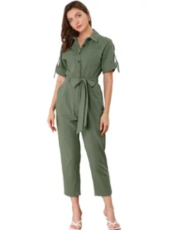 Allegra K Women's Short Sleeve Collared Cropped Coverall Button Down Tie Waist Cotton Cargo Jumpsuit -Allegra K GUEST ca0c792f b059 4c55 8cfd b331f5edc726