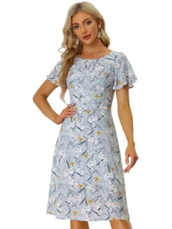 Allegra K Women's Floral Casual Pleated Neckline Below Knee Flutter Sleeve Dress -Allegra K GUEST ca5ceced 6782 4352 86f2 54fa7d57c252