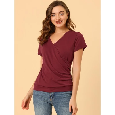 Allegra K Women's Wrap V Neck Short Sleeve Button Decor Ruched Blouses 2 Allegra K Women's Wrap V Neck Short Sleeve Button Decor Ruched Blouses - Image 2
