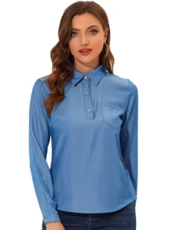 Allegra K Women's Point Collar Half Placket Casual Long Sleeve Chambray Blouse Shirts -Allegra K GUEST caf5ca9f 40cb 4e0c b484 b88e22b8e0e6