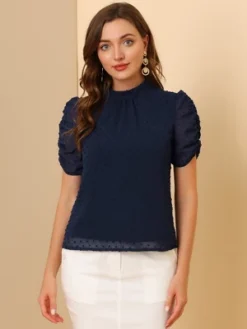 Allegra K Women's Elegant Swiss Dots Puff Short Sleeves Stand Collar Chiffon Blouse -Allegra K GUEST cb9aef23 a0cc 4486 add1 f99dbb26a08c