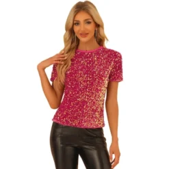 Allegra K Women's Sequin Velvet Crew Neck Short Sleeve T-shirt -Allegra K GUEST cbbed002 9ed6 465b bcee 1022b47cc2fd