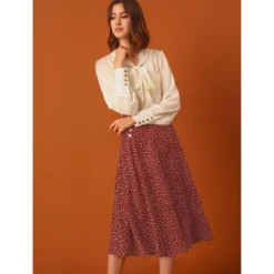 Allegra K Women's Elastic Waist Zipper Polka Dots Casual Midi Skirts