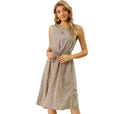 Allegra K Women's Floral Printed Split Neck Drawstring Waist Sleeveless A-Line Midi Dress 9 Allegra K Women's Floral Printed Split Neck Drawstring Waist Sleeveless A-Line Midi Dress - Image 9