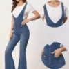 Allegra K Women's Casual Denim V Neck Zip Up Bell Bottom Jeans Jumpsuits