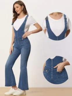 Allegra K Women's Casual Denim V Neck Zip Up Bell Bottom Jeans Jumpsuits