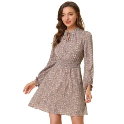 Allegra K Women's Smocked Waist Tie Neck Floral Long Sleeve Dress -Allegra K GUEST cd6ac68b 2e7e 470f 9e7a cc203ba8aac2