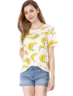 Allegra K Women's Fruit Print Top Round Neck Short Sleeve Cute T-Shirt