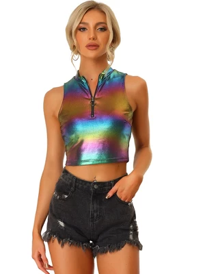 Allegra K Women's Metallic Mock Neck Zip-Up Shiny Holographic Crop Tank Top 5 Allegra K Women's Metallic Mock Neck Zip-Up Shiny Holographic Crop Tank Top - Image 5