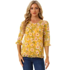 Allegra K Women's Casual Round Neck Ruffle 3/4 Sleeve Floral Print Chiffon Blouse -Allegra K GUEST cd89c7e8 f047 47b4 b231 c1772b86d016
