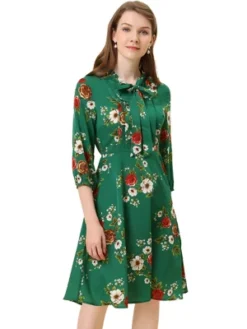 Allegra K Women's Floral Tie Neck 3/4 Sleeve Office Work Midi Flowy Flare Dress -Allegra K GUEST cda10f13 a28c 404a a6f0 1311ba24c76e
