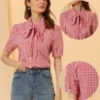 Allegra K Women's Plaid Blouse Bow Tie Neck Puff Short Sleeve Gingham Shirt