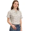 Allegra K Women's Floral Tie Neck Ruffle Short Sleeves Peasant Blouse Top