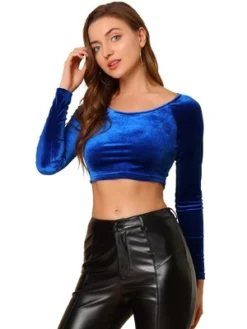 Allegra K Women's Velvet Scoop Neck Long Sleeve Solid Crop Top -Allegra K GUEST ce8228eb 95ab 4d29 99cc 8ffc664f30b0