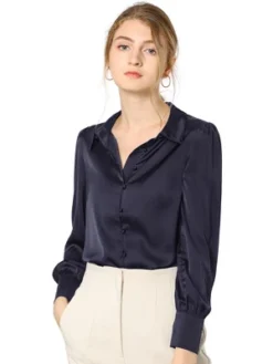 Allegra K Women's Satin Puff Sleeve Point Collar Vintage Button Up Shirt -Allegra K GUEST cec25742 b799 4f0a 94a6 123b65839c2b