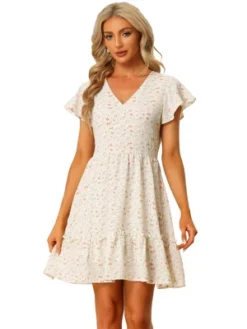 Allegra K Floral Peasant Mini Dress For Women's V Neck Tiered Hem Ruffle Sleeve A-Line Sundress -Allegra K GUEST cec364ac 2df9 44e2 af80 86701d238ba5