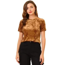 Allegra K Women's Velvet Crew Neck Short Sleeve Casual Blouse -Allegra K GUEST cf0237df d5f6 472c 9b48 87a9cd1068c3