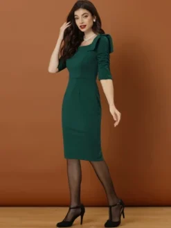 Allegra K Pencil Dress For Women's Business Casual Square Neck 3/4 Sleeve Bodycon Bow Ruffle Dress -Allegra K GUEST cf389667 a407 4aed a23c eb480e90b68f
