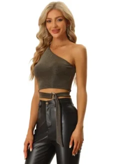 Allegra K One Shoulder Glitter Top For Women's Tie Knot Side Polka Dots Crop Tank Tops -Allegra K GUEST cf82496b 807a 4b89 90b4 45478373f258