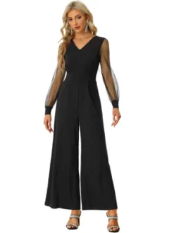 Allegra K Women's Elegant V Neck Mesh Long Sleeve Loose Wide Leg Party Jumpsuits -Allegra K GUEST cfddf3a7 4ab0 44a8 bfd0 59efba3cfd19