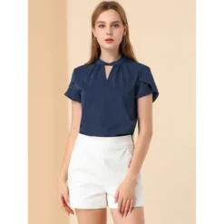 Allegra K Women's Stand Collar Petal Sleeve Keyhole Neck Elegant Work Office Blouse Top