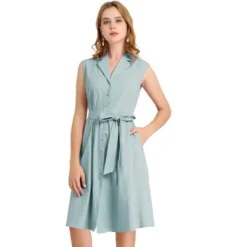 Allegra K Women's Sleeveless Notched Lapel Belted Business Office Midi Shirt Dress -Allegra K GUEST d0ca99db de42 4701 8590 a5edf468cf20