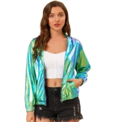 Allegra K Women's Holographic Shiny Long Sleeve Zipper Hooded Metallic Jacket -Allegra K GUEST d0cbb569 73ce 4db5 8d26 b1c8dd8f6109