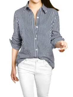 Allegra K Women's Striped Button Down Roll-up Long Sleeves Point Collar Shirt -Allegra K GUEST d1044af7 43fd 4bc4 8296 1c993fbc440c
