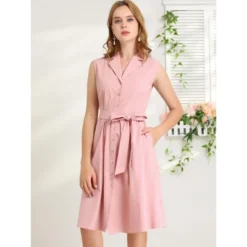 Allegra K Women's Sleeveless Notched Lapel Belted Business Office Midi Shirt Dress