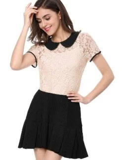Allegra K Women's Contrast Peter Pan Collar Blouse Short Sleeve Sheer Lace Top -Allegra K GUEST d1275cd9 e950 4201 8b64 42a11a2268e2