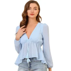 Allegra K Women's Deep V Neck Chiffon Top Swiss Dots Ruffle Hem Long Sleeve Peplum Top -Allegra K GUEST d15a1a71 47c0 40eb 9752 fb4902ac3251