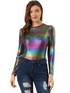 Allegra K Women's Long Sleeve Sparkly Party Glitter Shiny Metallic Tops -Allegra K GUEST d16934d9 7e0c 43a6 9cc1 2b492e1834cf