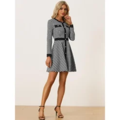 Allegra K 19 Allegra K Women's Houndstooth Plaid Contrast Color Crew Neck Button Front Elegant A-Line Dress