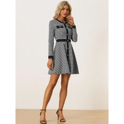 Allegra K Women's Houndstooth Plaid Contrast Color Crew Neck Button Front Elegant A-Line Dress 1 Allegra K Women's Houndstooth Plaid Contrast Color Crew Neck Button Front Elegant A-Line Dress