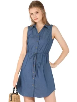 Allegra K Women's Collar Button Down Tie Waist Above Knee Chambray Shirt Dress -Allegra K GUEST d19d466e 23db 485d 9bbd 97406cab75cf