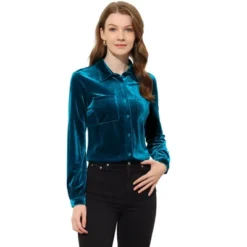 Allegra K Women's Pocket Front Velvet Blouse Long Sleeve Casual Button Down Shirt -Allegra K GUEST d1b77d48 a80f 4c9d 9a73 2c05b8de6854