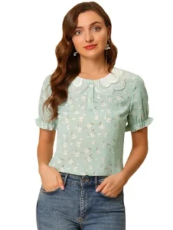 Allegra K Women's Peter Pan Collar Ruffled Bubble Short Sleeve Floral Blouses -Allegra K GUEST d1ffc281 f2a4 419e b7e2 6b85253031f0