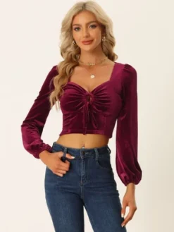 Allegra K O-Ring Cut Out Tops For Women's Sweetheart Neck Long Sleeve Crop Velvet Blouse Top -Allegra K GUEST d23dc144 bec2 4fa8 918d a988f93f18ef